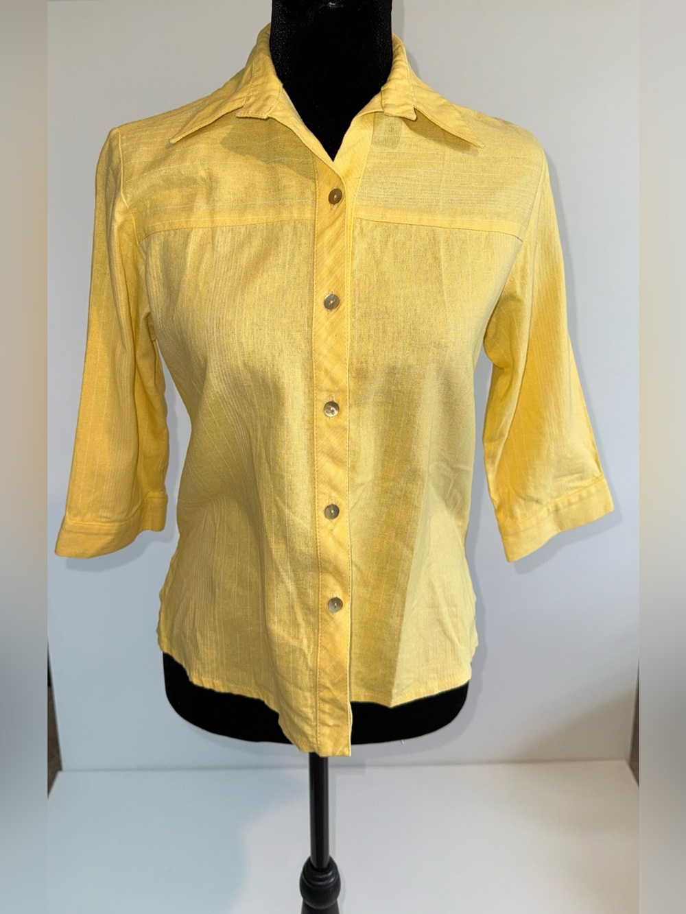 Ruth Women's Yellow Linen Rayon Pinstripe Button Up Shirt Top S